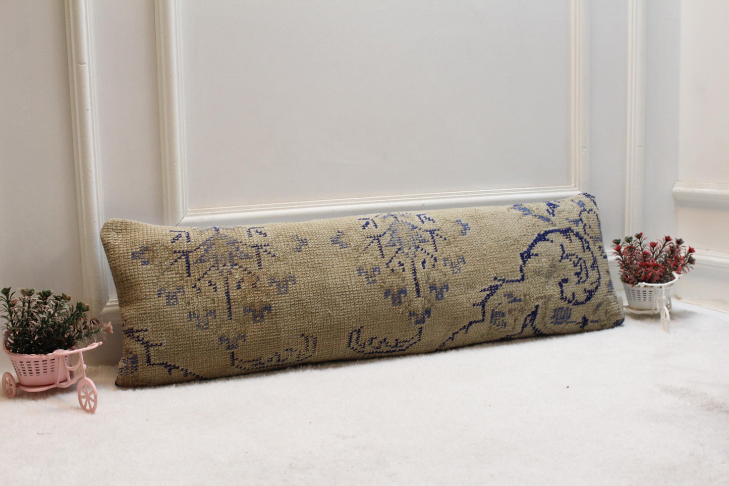Handwoven Kilim Lumbar Pillow 12x36 – Faded Beige & Blue Turkish Wool Cushion