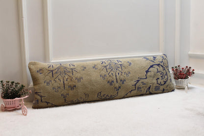 Handwoven Kilim Lumbar Pillow 12x36 – Faded Beige & Blue Turkish Wool Cushion