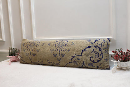 Handwoven Kilim Lumbar Pillow 12x36 – Faded Beige & Blue Turkish Wool Cushion