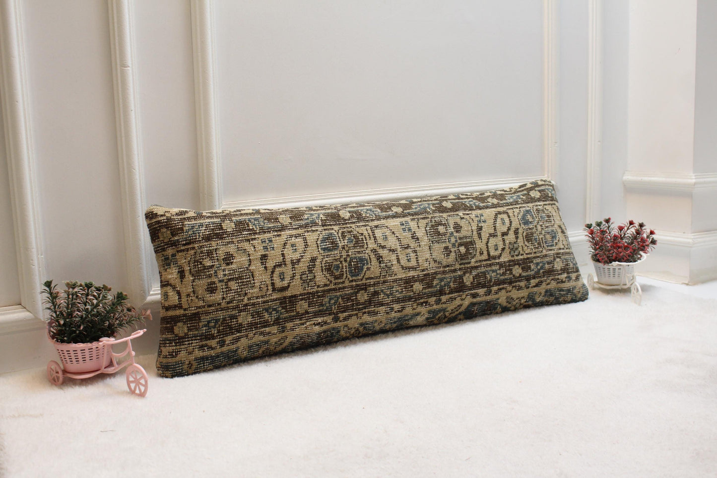 Handwoven Turkish Kilim Lumbar Pillow: Beige Brown Boho Decor (12x36)