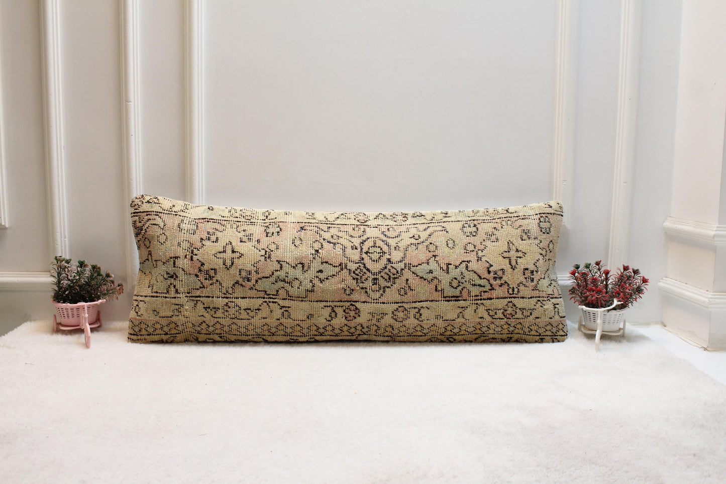 Handwoven Turkish Kilim Lumbar Pillow: Vintage Pastel Cushion (12x36)