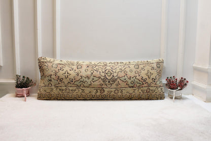 Handwoven Turkish Kilim Lumbar Pillow: Vintage Pastel Cushion (12x36)