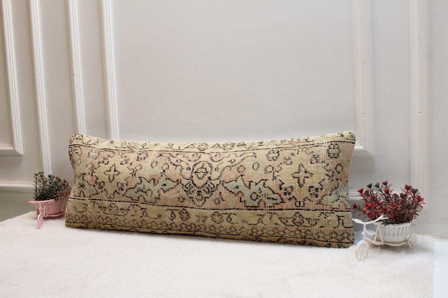 Handwoven Turkish Kilim Lumbar Pillow: Vintage Pastel Cushion (12x36)