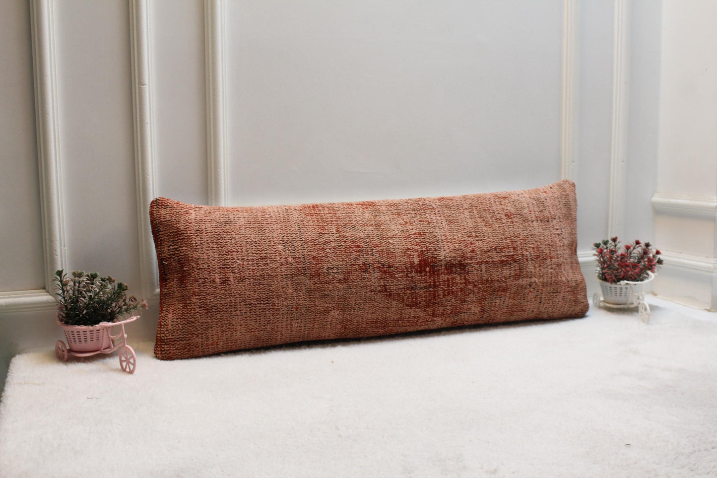 Rust Wool Kilim Lumbar Pillow Cover – Vintage Turkish Textile (12x36")