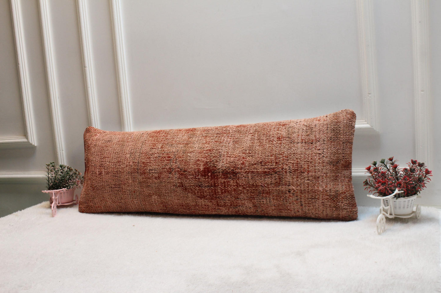 Rust Wool Kilim Lumbar Pillow Cover – Vintage Turkish Textile (12x36")