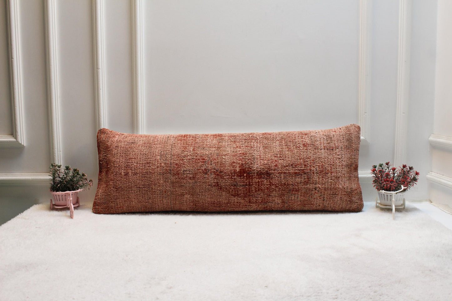 Rust Wool Kilim Lumbar Pillow Cover – Vintage Turkish Textile (12x36")
