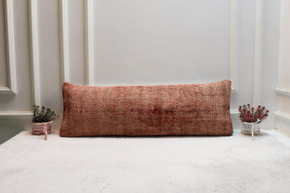 Rust Wool Kilim Lumbar Pillow Cover – Vintage Turkish Textile (12x36")