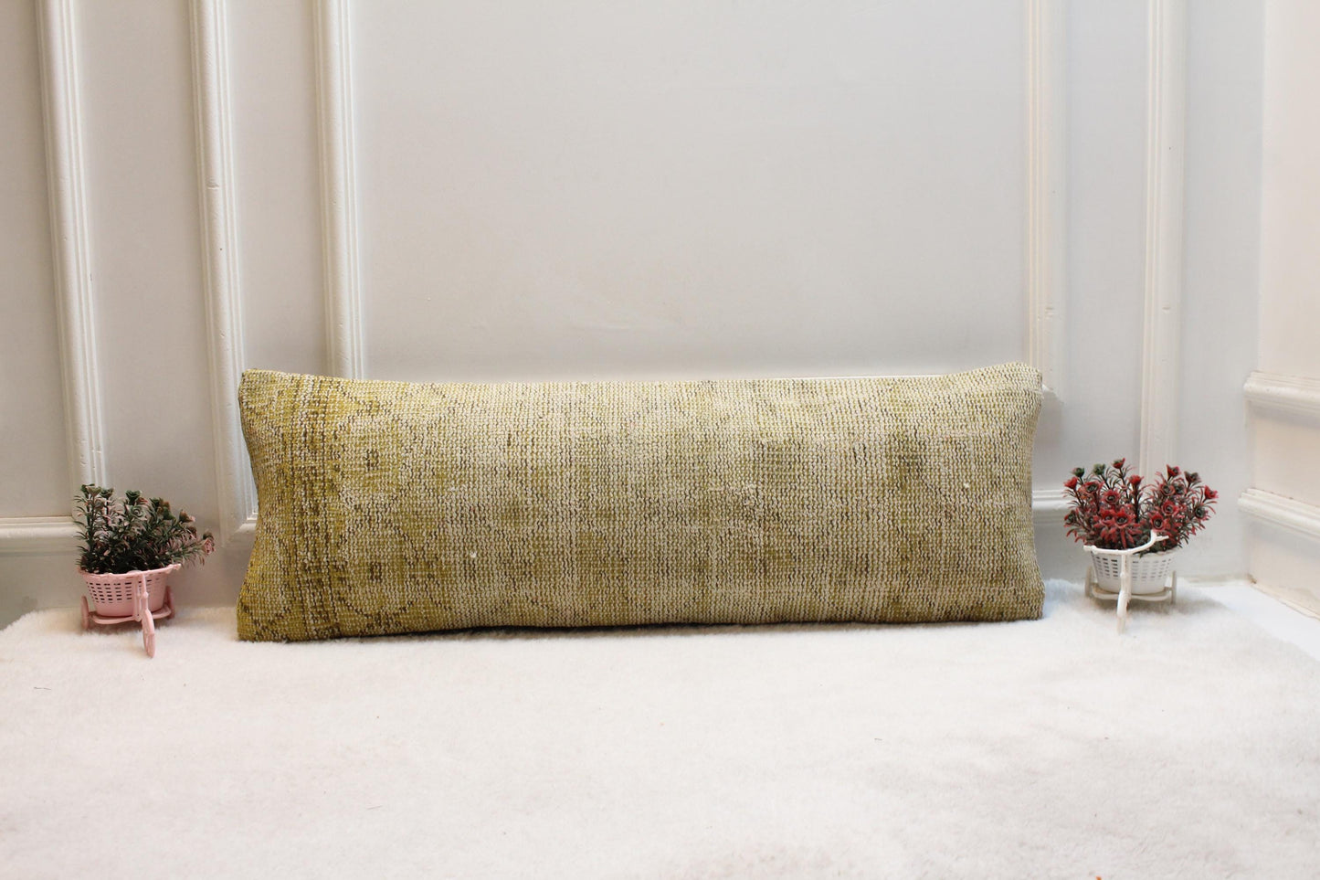 Vintage Yellow Turkish Rug Lumbar Pillow Cover, 12x36 inch
