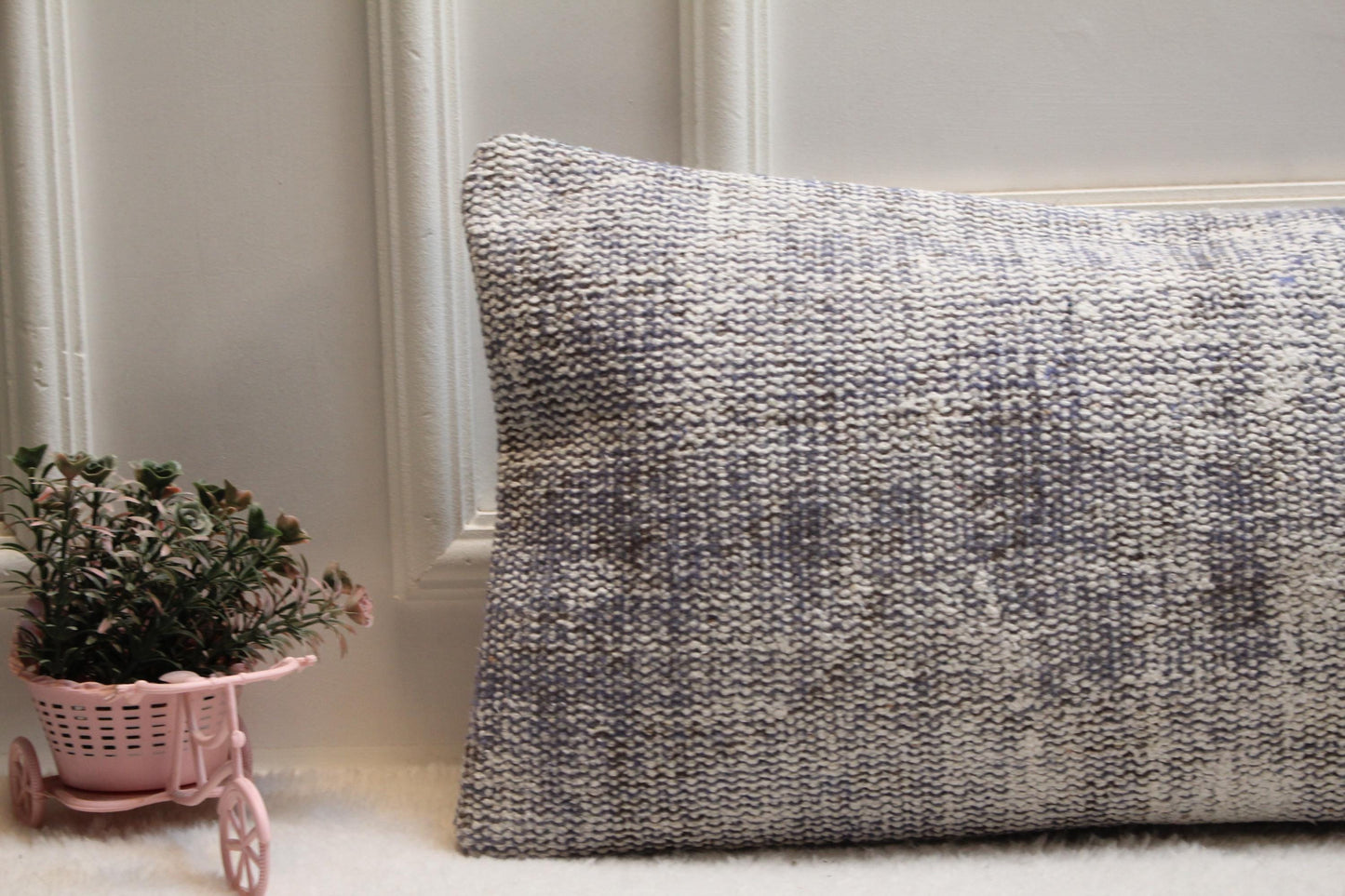 Handwoven Light Blue Kilim Lumbar Pillow Cover – Boho Farmhouse Accent (12x36”)