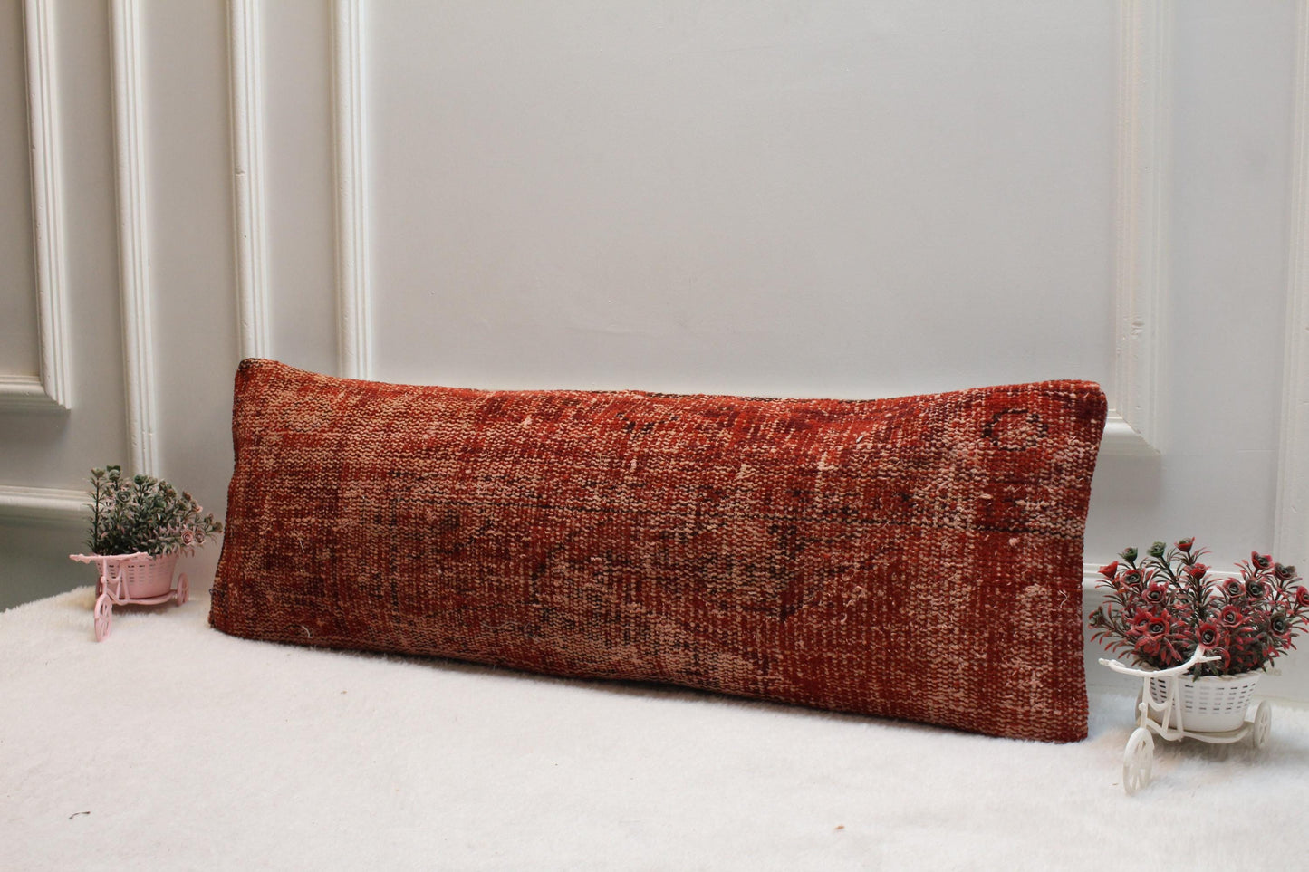 Rust Kilim Lumbar Pillow Cover 12x36 – Handwoven Turkish Wool, Bohemian Decor
