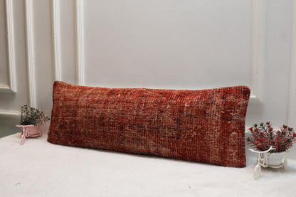 Rust Kilim Lumbar Pillow Cover 12x36 – Handwoven Turkish Wool, Bohemian Decor