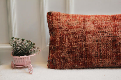 Rust Kilim Lumbar Pillow Cover 12x36 – Handwoven Turkish Wool, Bohemian Decor