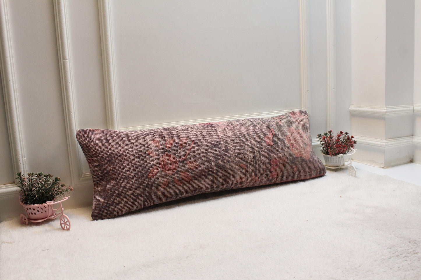 Handwoven Floral Kilim Lumbar Pillow – Vintage Turkish Wool Cushion (12x36”)