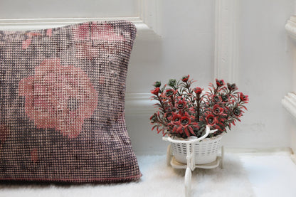 Handwoven Floral Kilim Lumbar Pillow – Vintage Turkish Wool Cushion (12x36”)