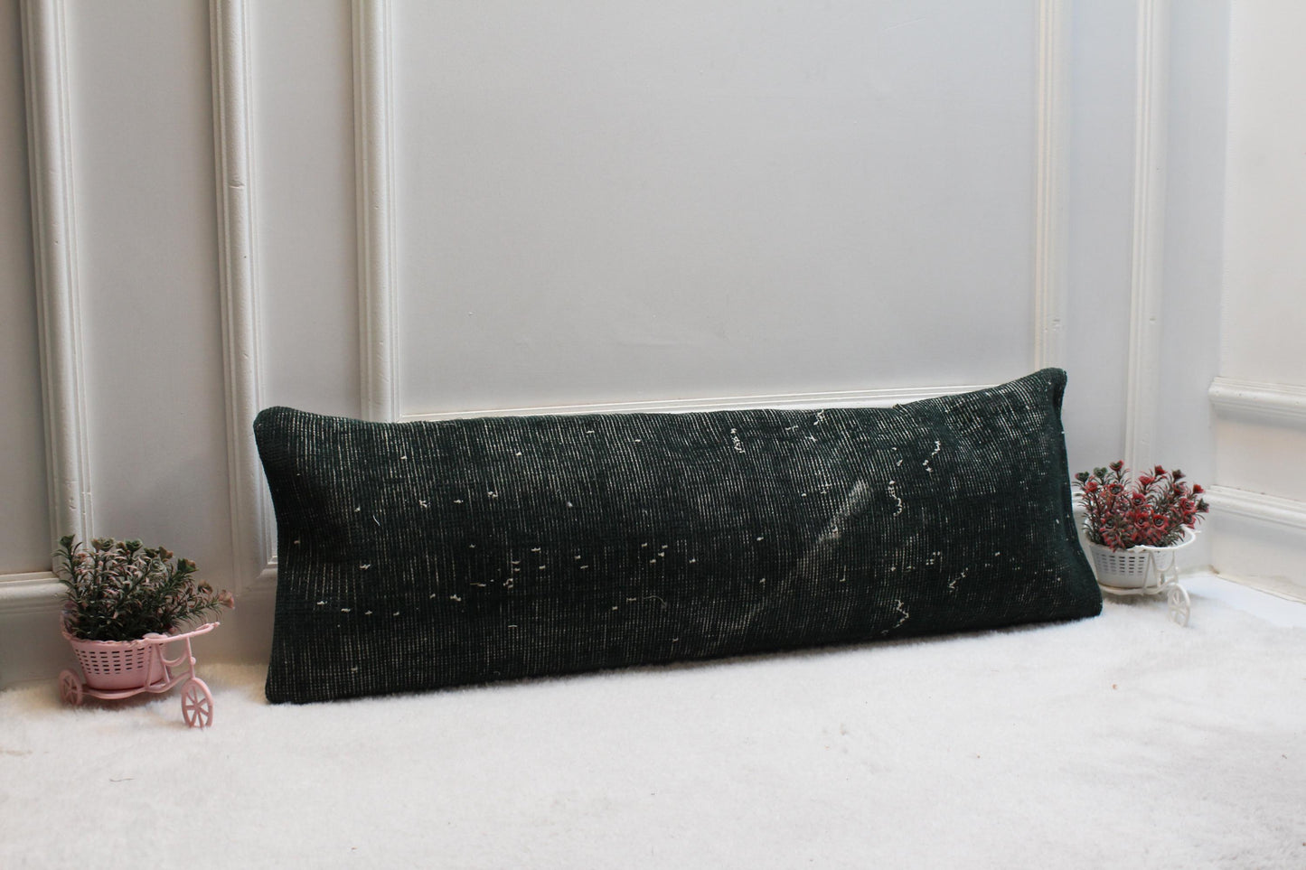 Handmade Wool Kilim Lumbar Pillow – 12x36 Green Ethnic Cushion Cover
