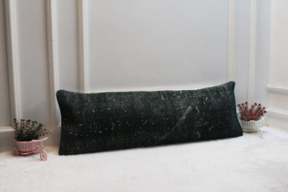 Handmade Wool Kilim Lumbar Pillow – 12x36 Green Ethnic Cushion Cover