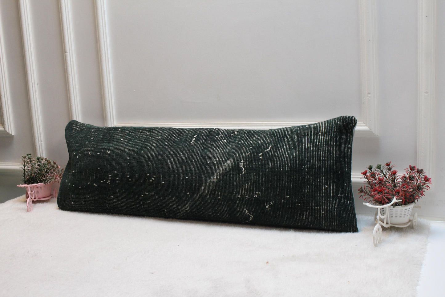 Handmade Wool Kilim Lumbar Pillow – 12x36 Green Ethnic Cushion Cover
