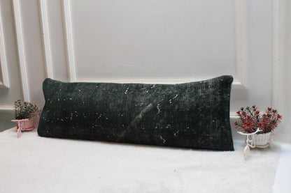 Handmade Wool Kilim Lumbar Pillow – 12x36 Green Ethnic Cushion Cover