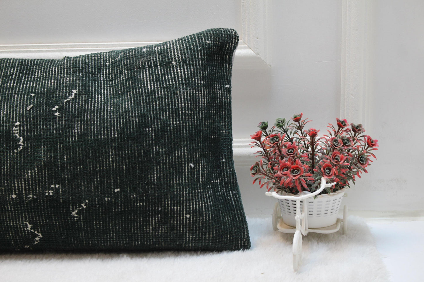 Handmade Wool Kilim Lumbar Pillow – 12x36 Green Ethnic Cushion Cover