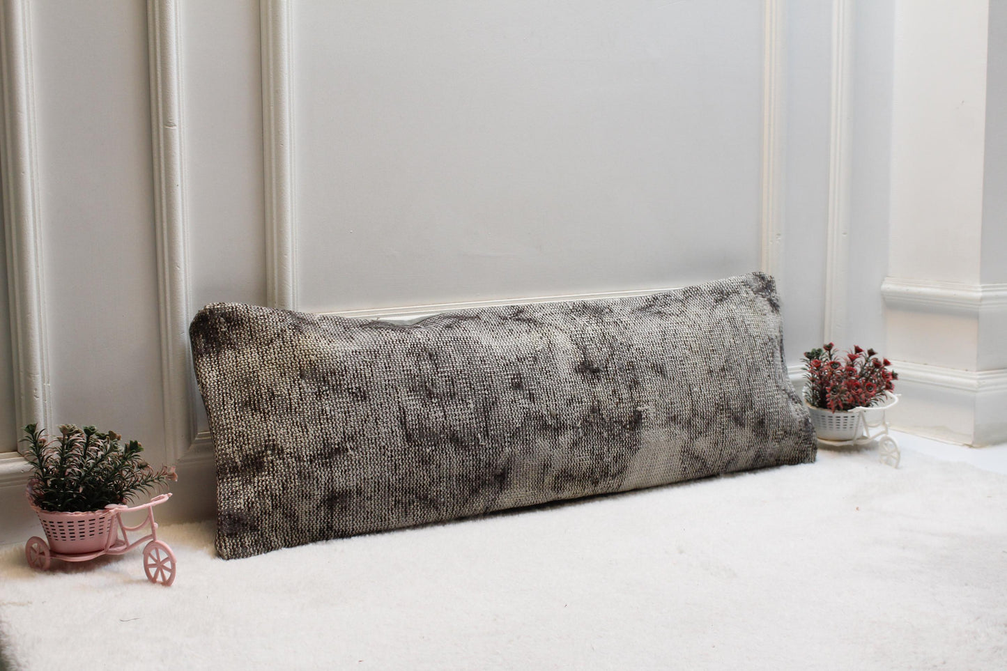 Handmade Kilim Lumbar Pillow Cover – Gray Wool, Rustic Farmhouse Accent (12x36)