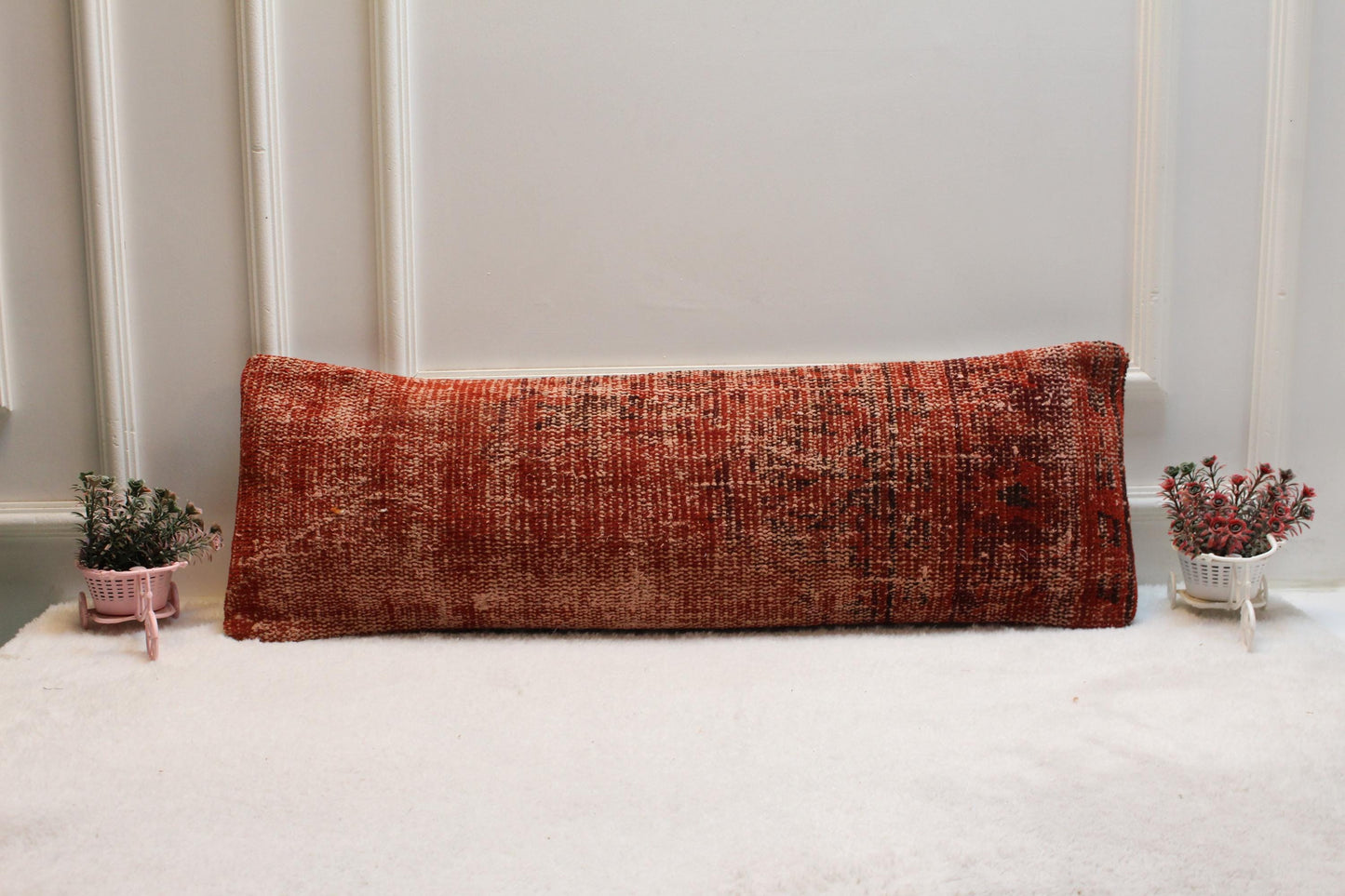 Handwoven Red Kilim Lumbar Pillow – Vintage Turkish Wool, 12x36