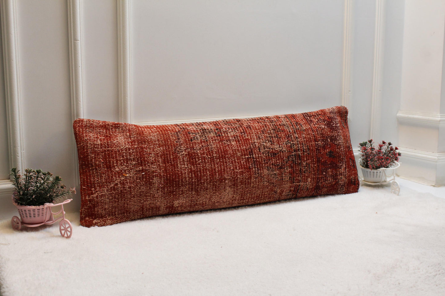 Handwoven Red Kilim Lumbar Pillow – Vintage Turkish Wool, 12x36
