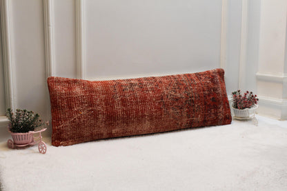 Handwoven Red Kilim Lumbar Pillow – Vintage Turkish Wool, 12x36