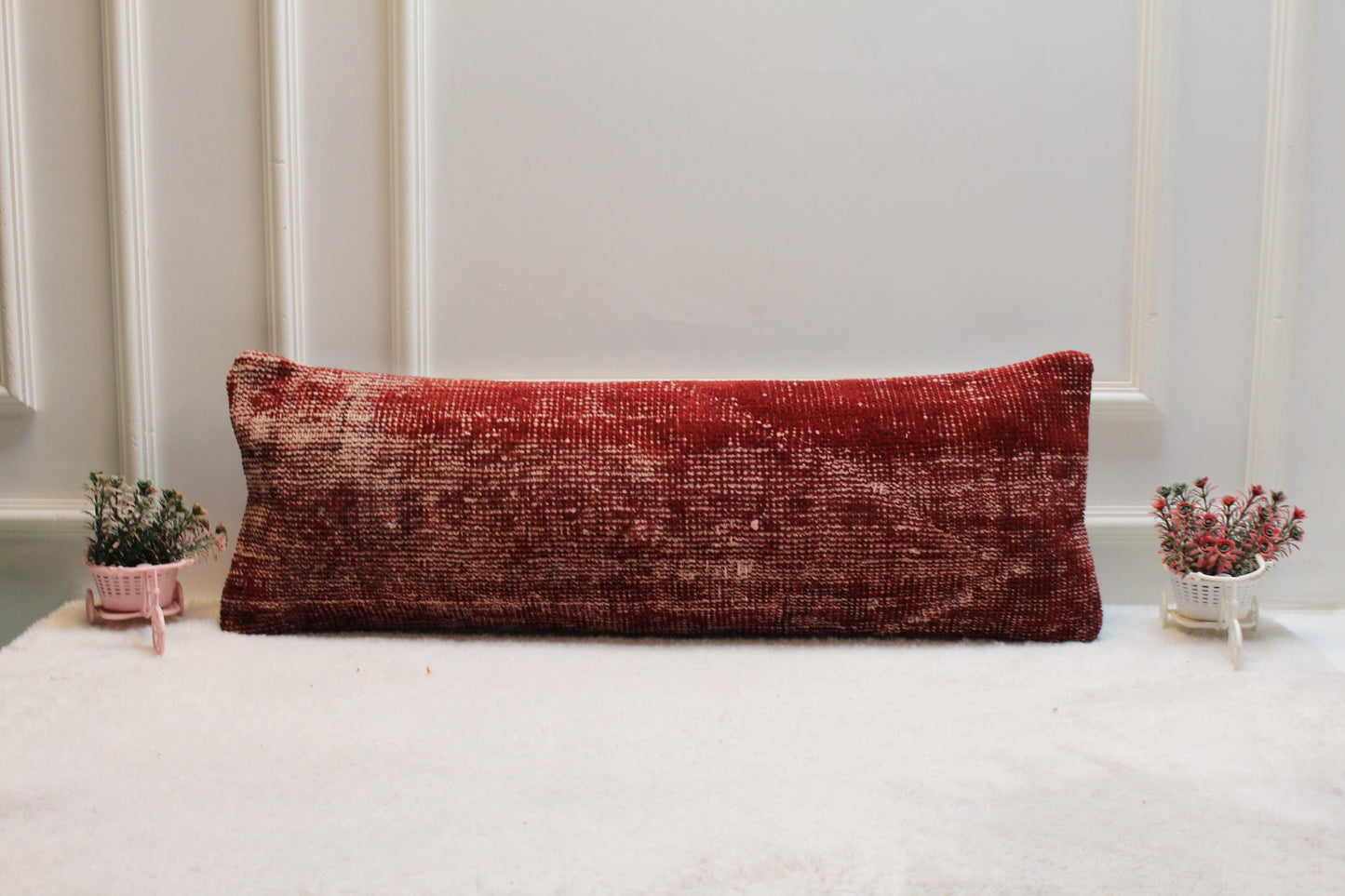 Vintage Red Kilim Pillow Cover 12x36 – Handwoven Turkish Wool Lumbar Cushion