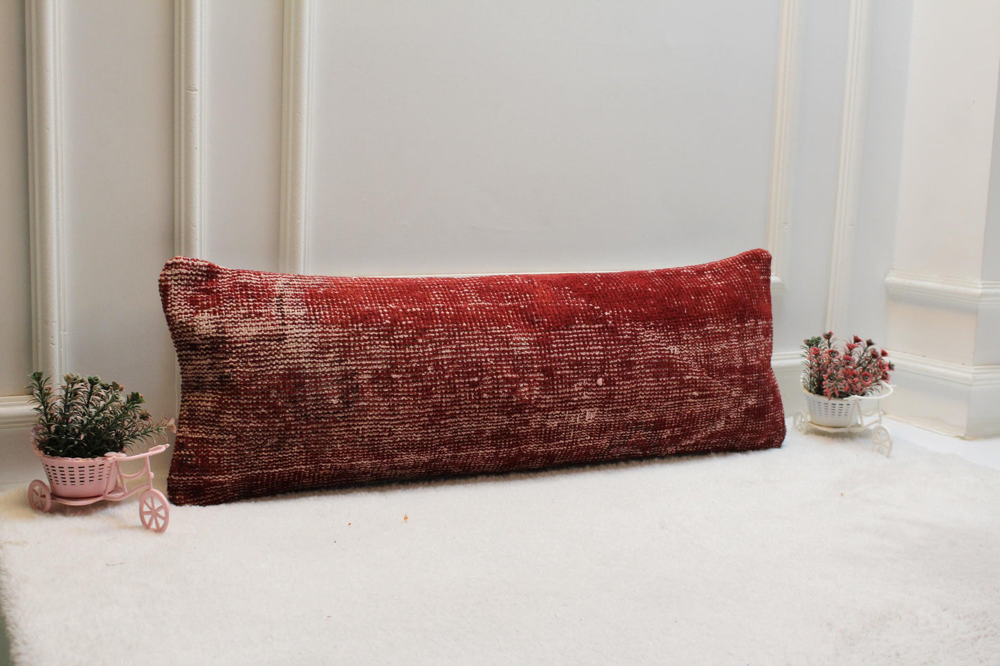 Vintage Red Kilim Pillow Cover 12x36 – Handwoven Turkish Wool Lumbar Cushion
