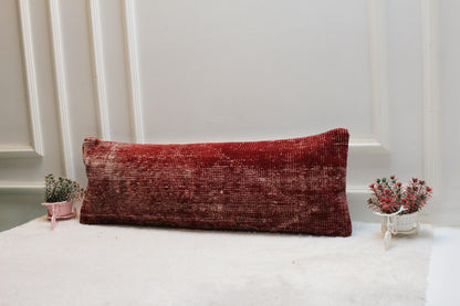 Vintage Red Kilim Pillow Cover 12x36 – Handwoven Turkish Wool Lumbar Cushion