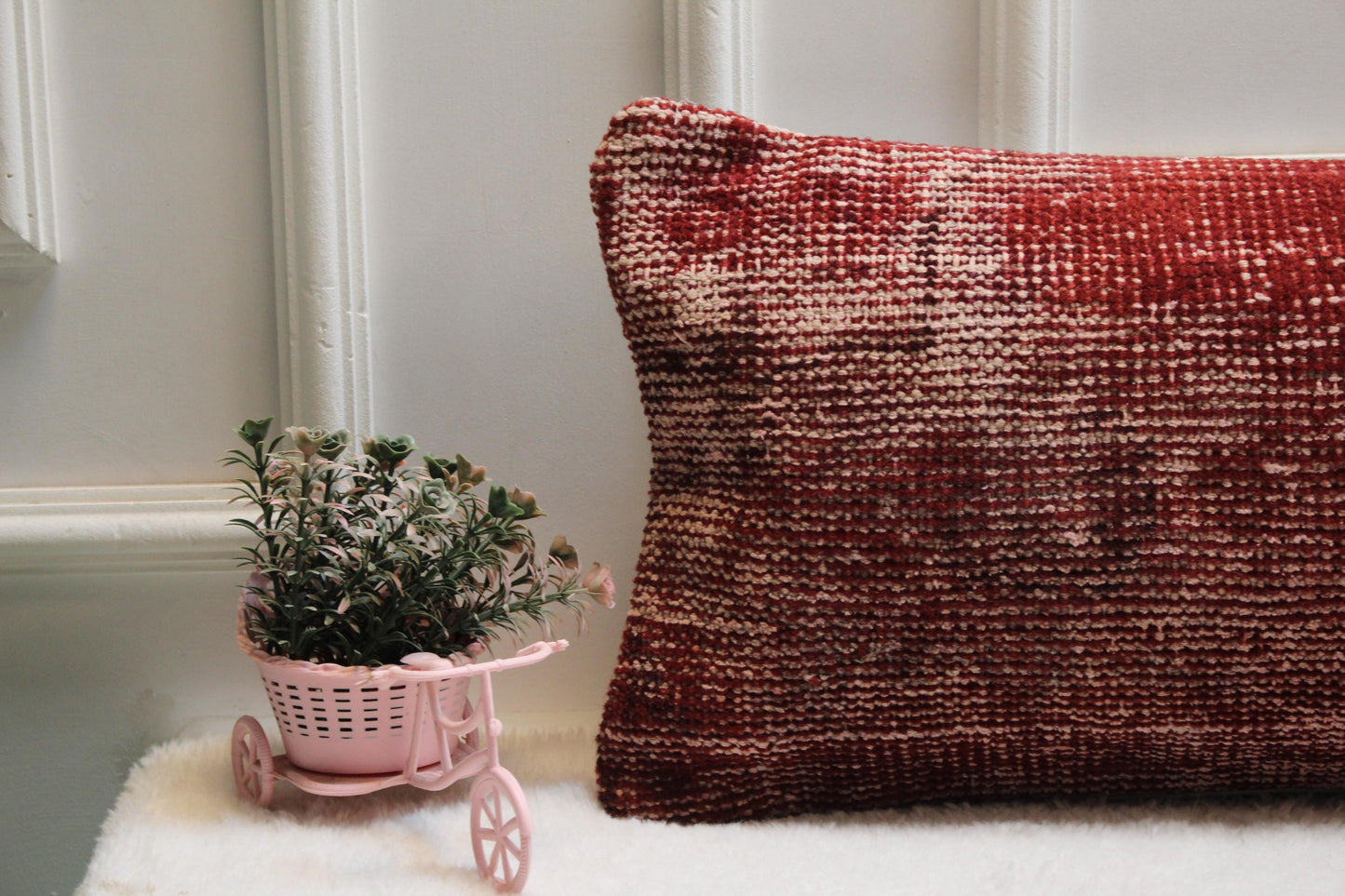 Vintage Red Kilim Pillow Cover 12x36 – Handwoven Turkish Wool Lumbar Cushion
