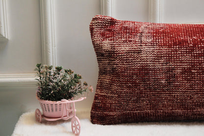 Vintage Red Kilim Pillow Cover 12x36 – Handwoven Turkish Wool Lumbar Cushion