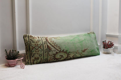Green Turkish Rug Lumbar Pillow Cover: Boho Rustic Decor (12x36)