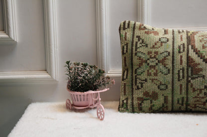 Green Turkish Rug Lumbar Pillow Cover: Boho Rustic Decor (12x36)