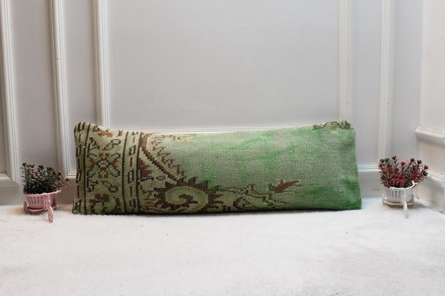 Green Turkish Rug Lumbar Pillow Cover: Boho Rustic Decor (12x36)