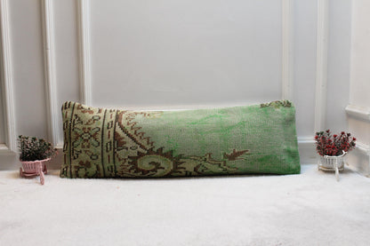 Green Turkish Rug Lumbar Pillow Cover: Boho Rustic Decor (12x36)