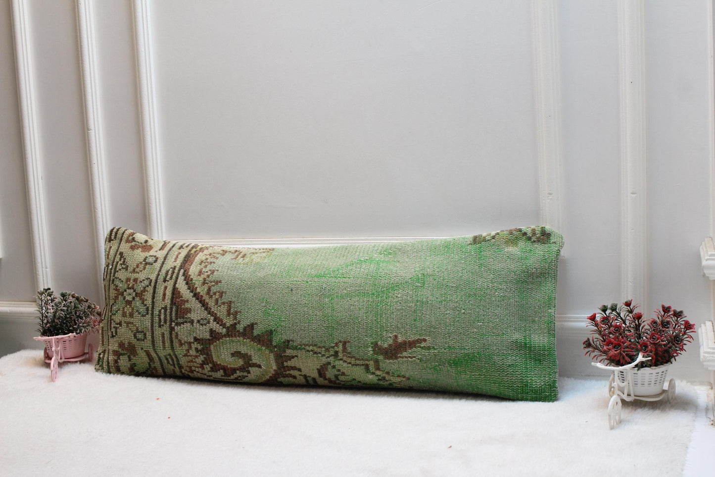 Green Turkish Rug Lumbar Pillow Cover: Boho Rustic Decor (12x36)