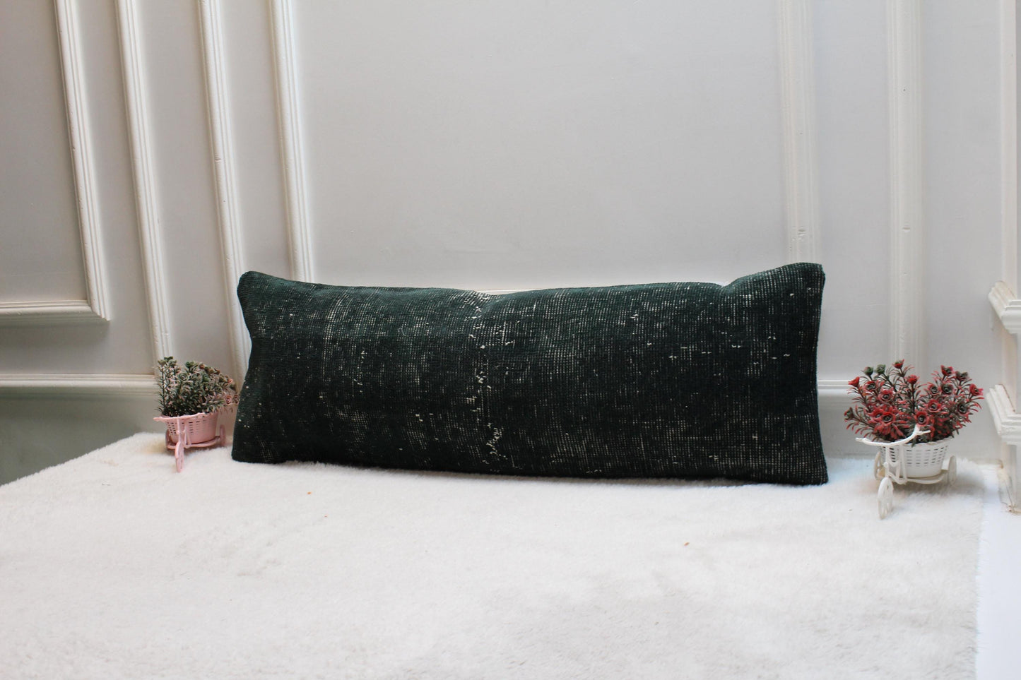 Dark Green Turkish Rug Lumbar Pillow Cover: Vintage Print 12x36