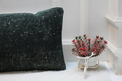 Dark Green Turkish Rug Lumbar Pillow Cover: Vintage Print 12x36