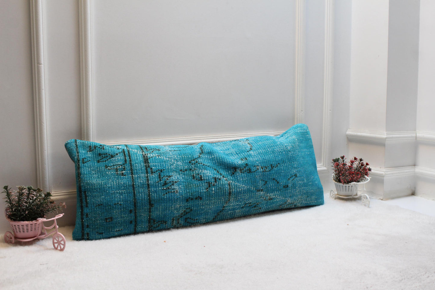 Blue Turkish Rug Lumbar Pillow Cover: Coastal Boho Cushion (12x36)