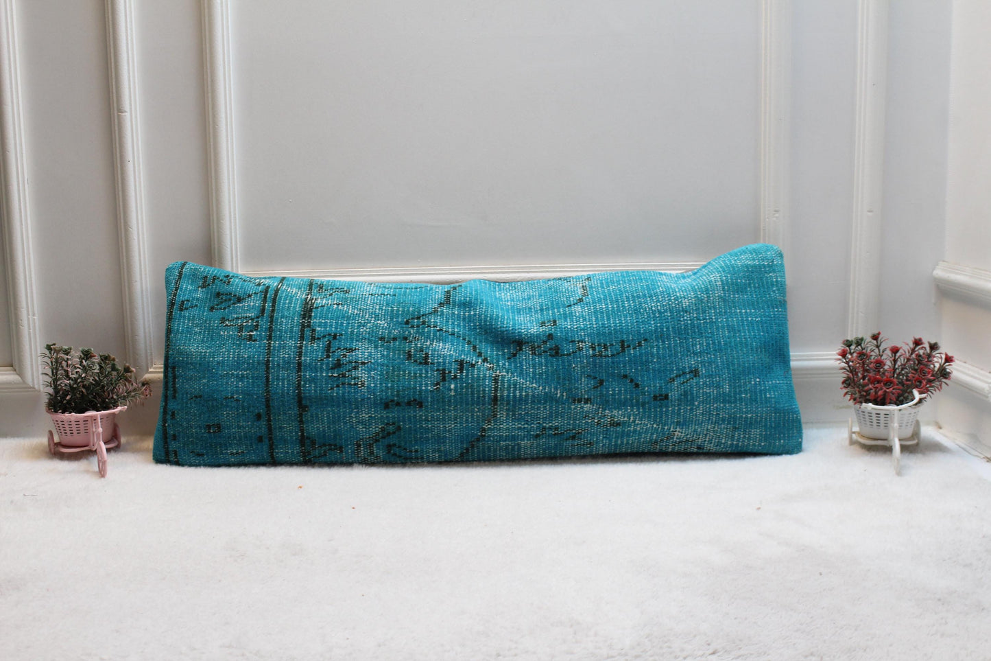 Blue Turkish Rug Lumbar Pillow Cover: Coastal Boho Cushion (12x36)