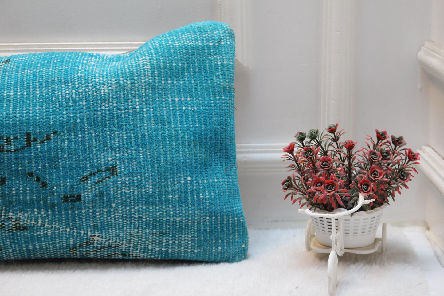 Blue Turkish Rug Lumbar Pillow Cover: Coastal Boho Cushion (12x36)