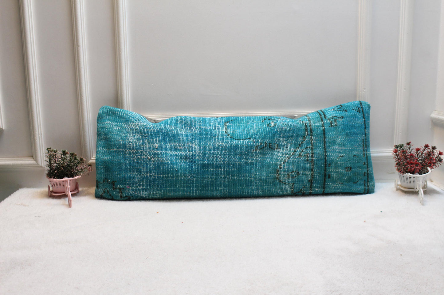 Turquoise Turkish Rug Lumbar Pillow Cover: Vintage Printed Bolster (12x36)