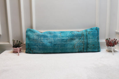 Turquoise Turkish Rug Lumbar Pillow Cover: Vintage Printed Bolster (12x36)