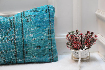 Turquoise Turkish Rug Lumbar Pillow Cover: Vintage Printed Bolster (12x36)
