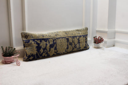 Vintage Turkish Rug Lumbar Pillow Cover: Blue Green Floral Bolster (12x36)