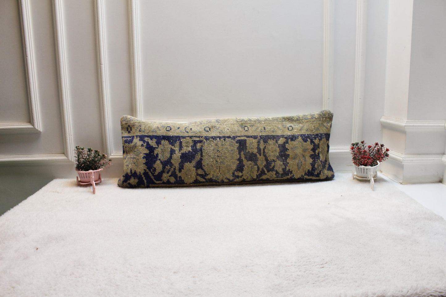 Vintage Turkish Rug Lumbar Pillow Cover: Blue Green Floral Bolster (12x36)