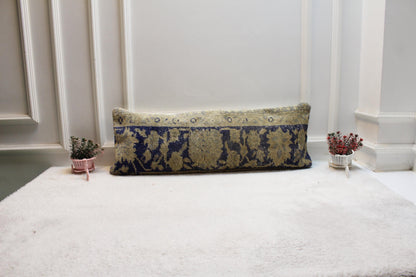 Vintage Turkish Rug Lumbar Pillow Cover: Blue Green Floral Bolster (12x36)