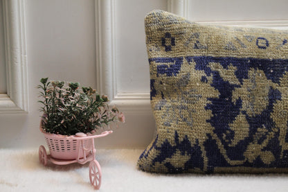 Vintage Turkish Rug Lumbar Pillow Cover: Blue Green Floral Bolster (12x36)