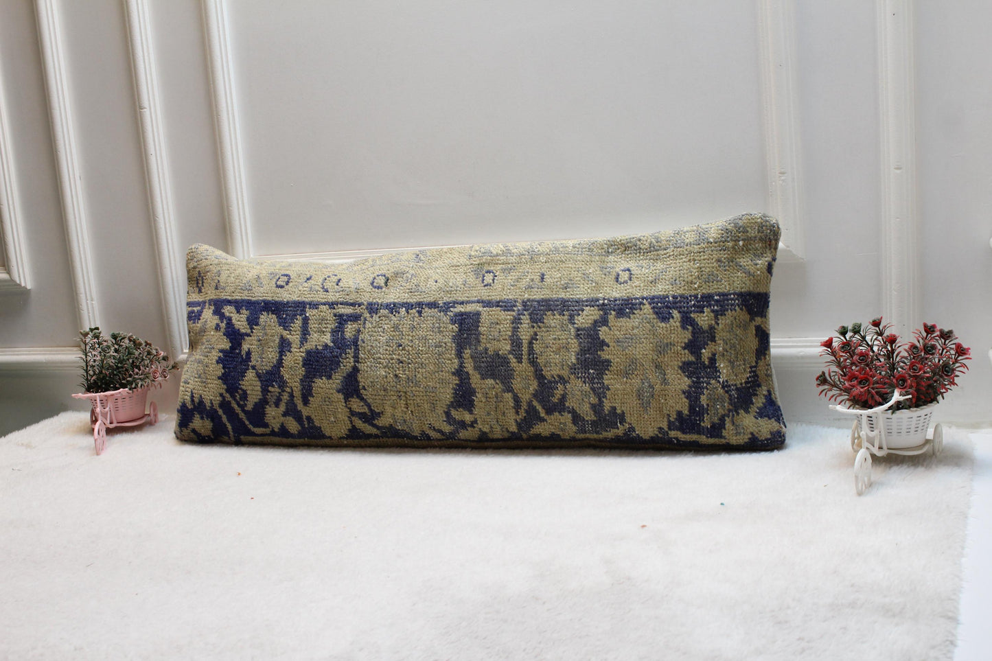 Vintage Turkish Rug Lumbar Pillow Cover: Blue Green Floral Bolster (12x36)